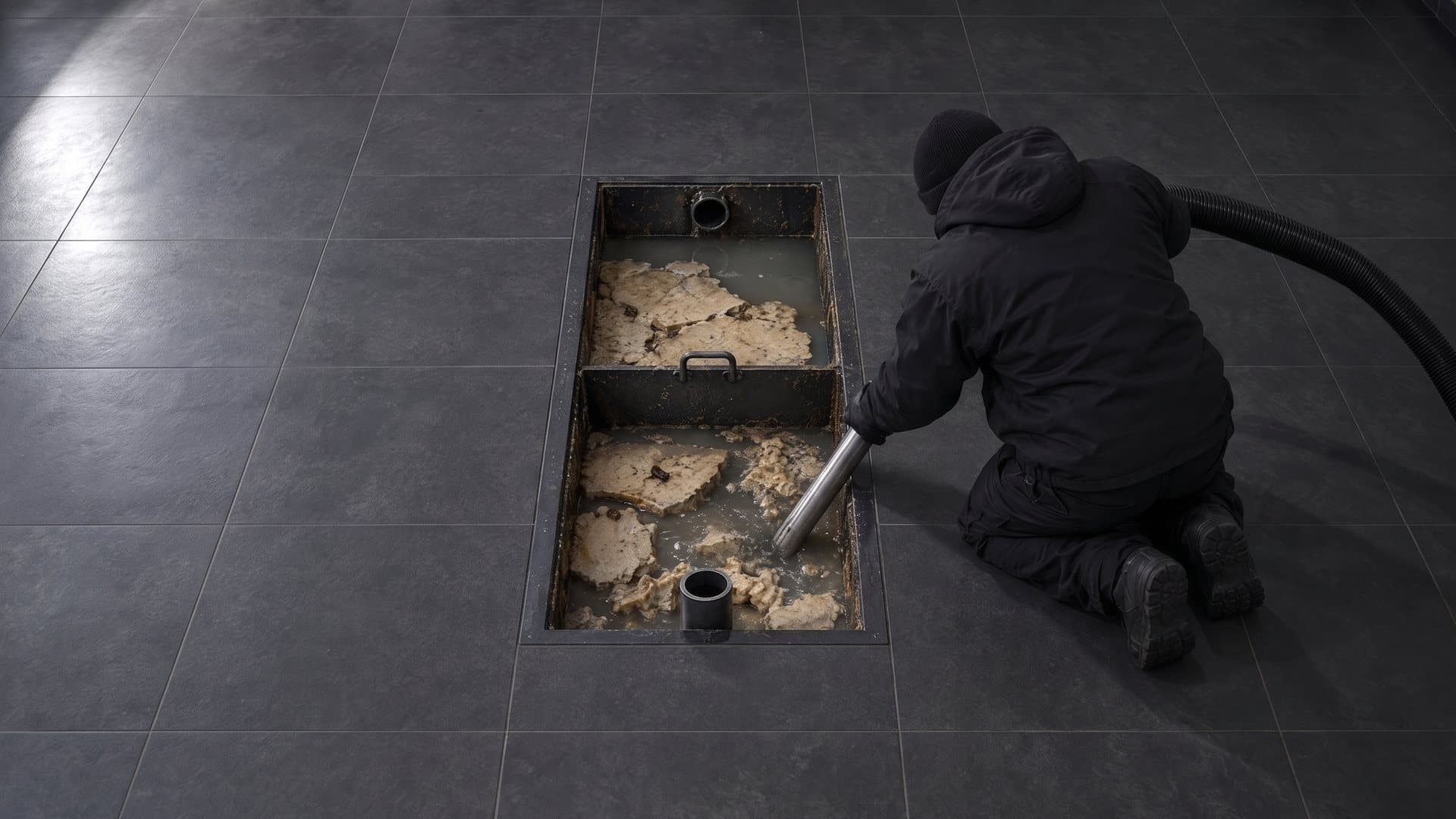 Technician vacuuming a cracked grease cap out of an in-floor grease interceptor, murky water showing in both compartments