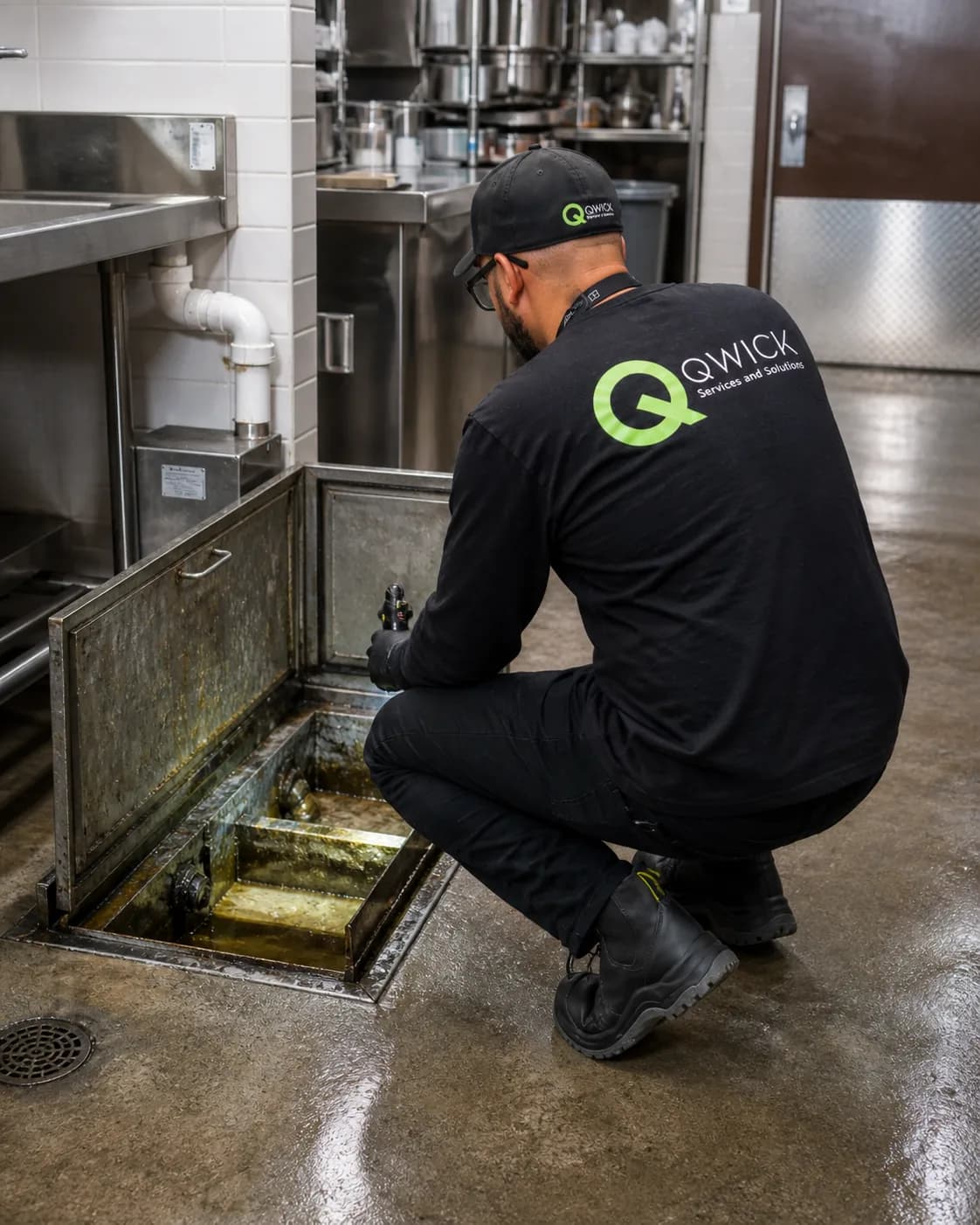Qwick Services And Solutions technician servicing a commercial in-floor grease trap