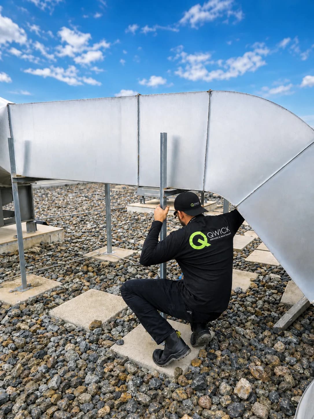 Qwick Services And Solutions technician installing rooftop ductwork supports for a commercial kitchen exhaust system